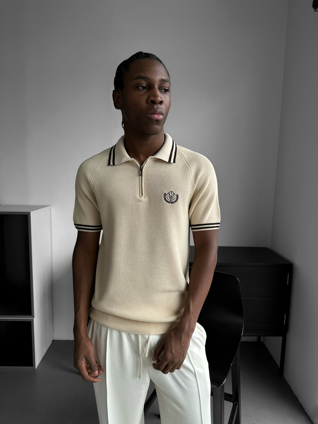 Slim Fit Half-Zip Embroidered Polo T-shirt - Beige