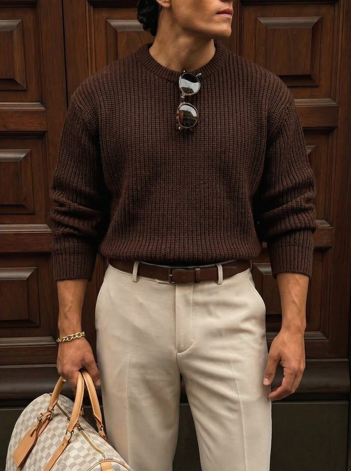 Oversize Structured Knit Sweater - Dark Brown