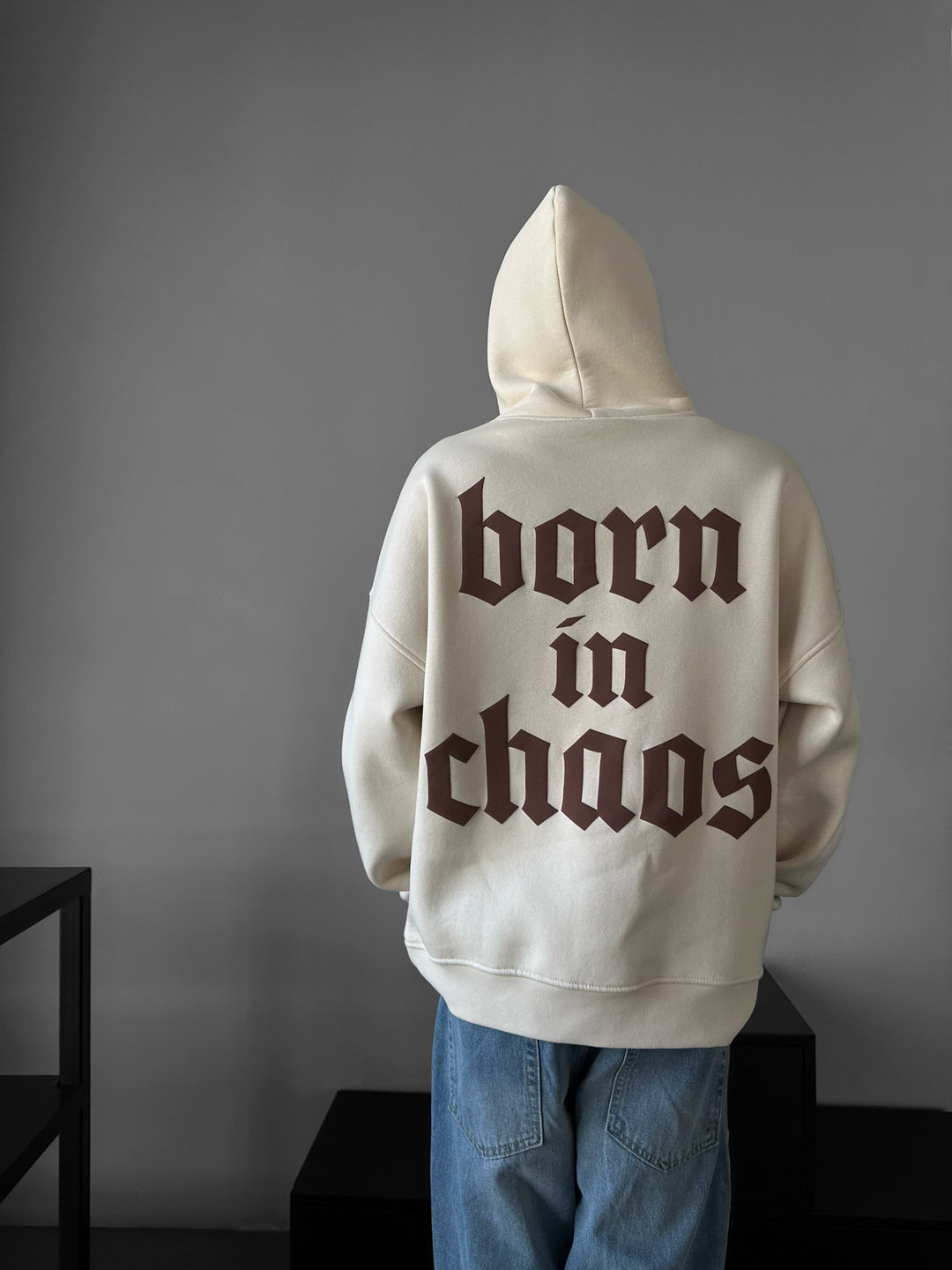 Oversize “Born in Chaos” Hoodie - Beige