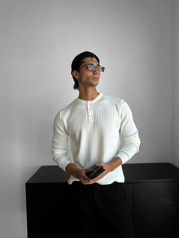 Slim Fit Button Knit Sweater - Ecru