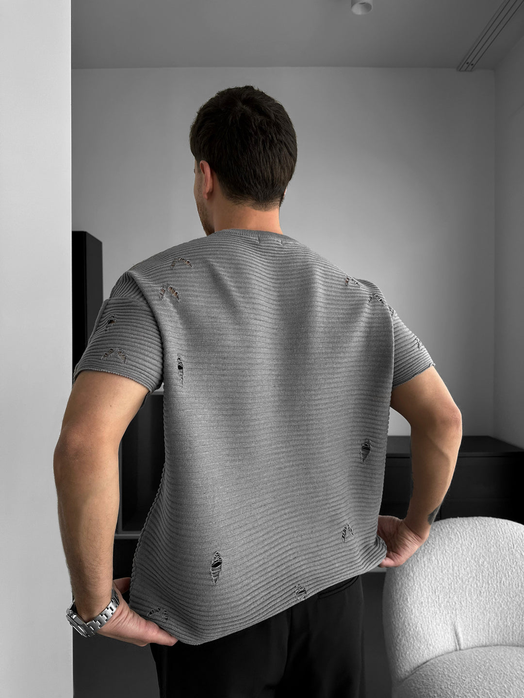 Loose Fit Torn Ribbed Knit T-Shirt - Grey Melange