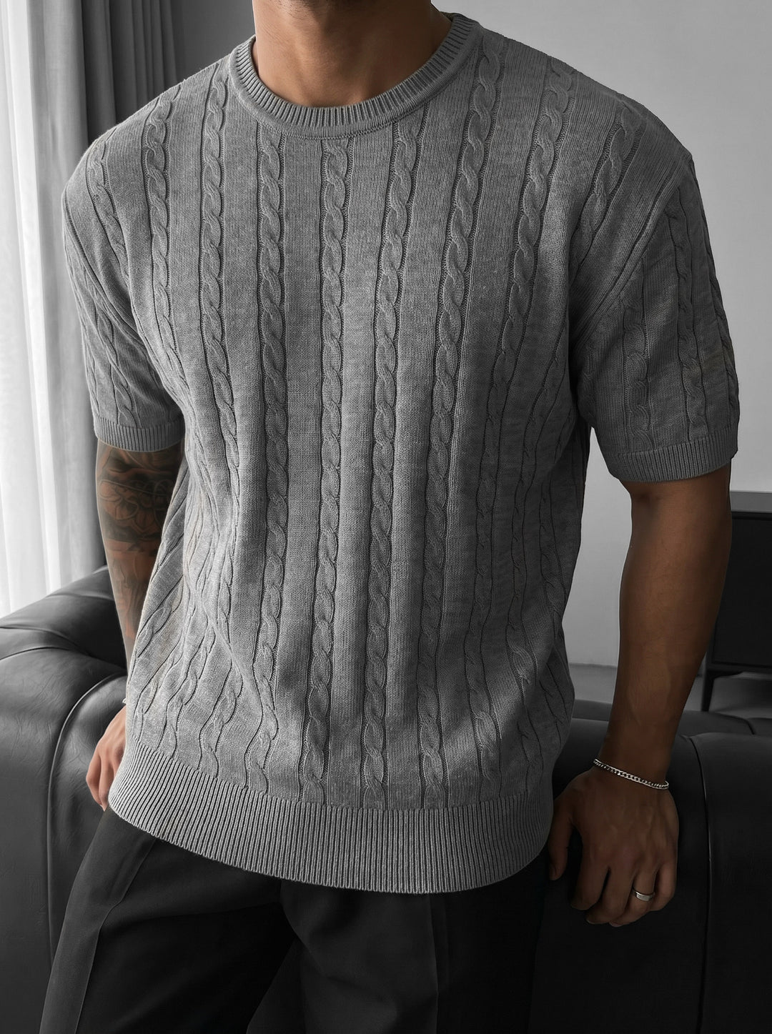 Loose Fit Braid Knit T-Shirt - Grey