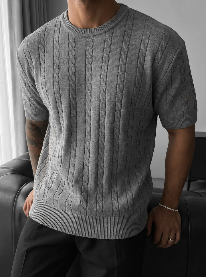 Loose Fit Braid Knit T-Shirt - Grey