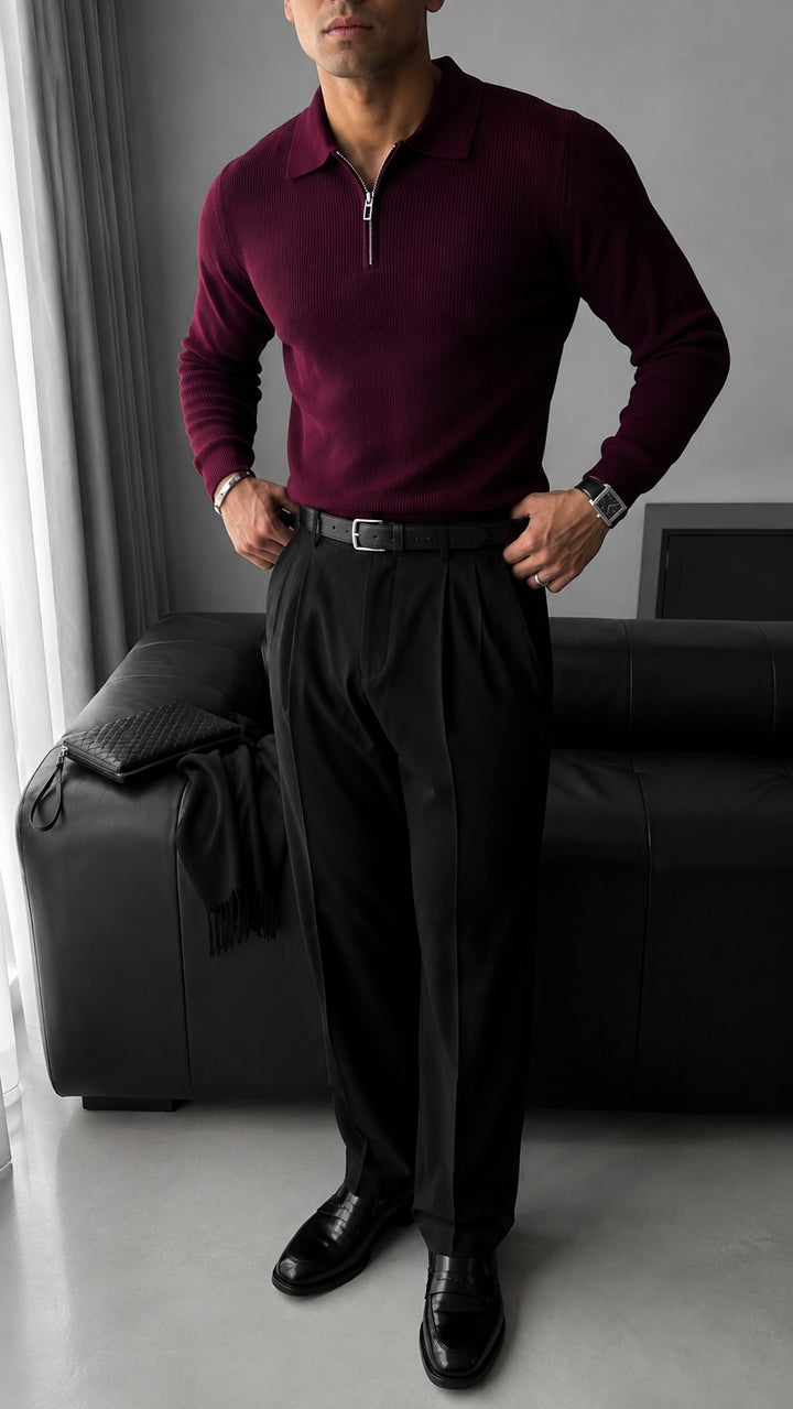 Loose Fit Polo Knit Sweater - Bordeaux