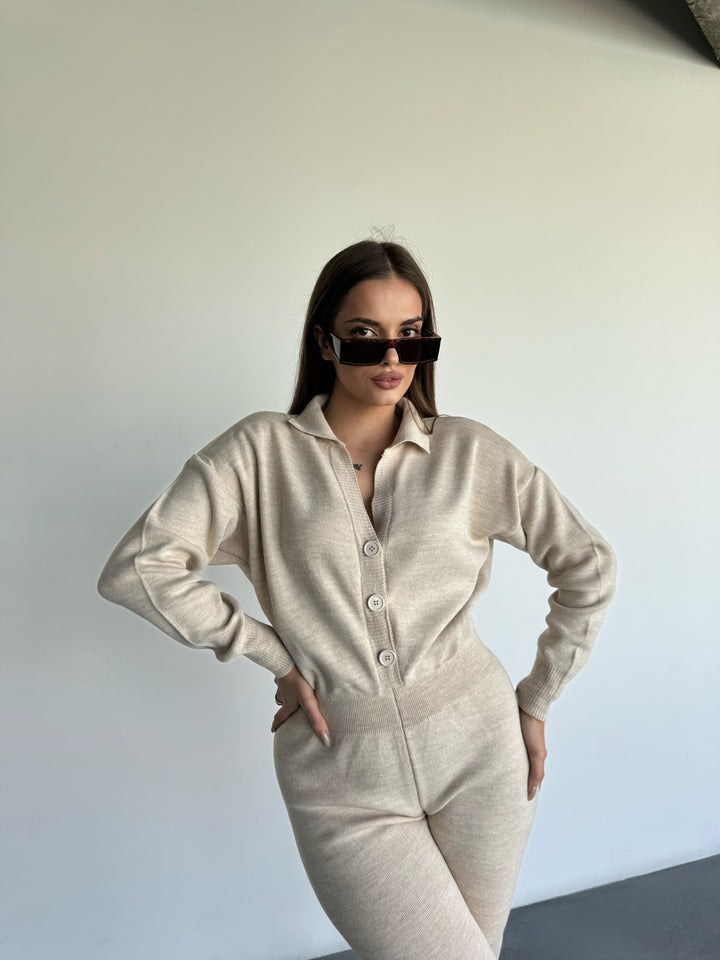 Long Arm Knit Jumpsuit - Beige