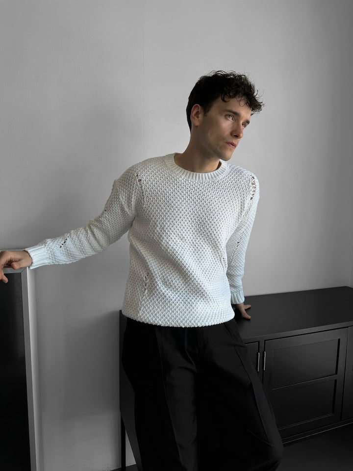Regular Fit Textured Torn Sweater - White
