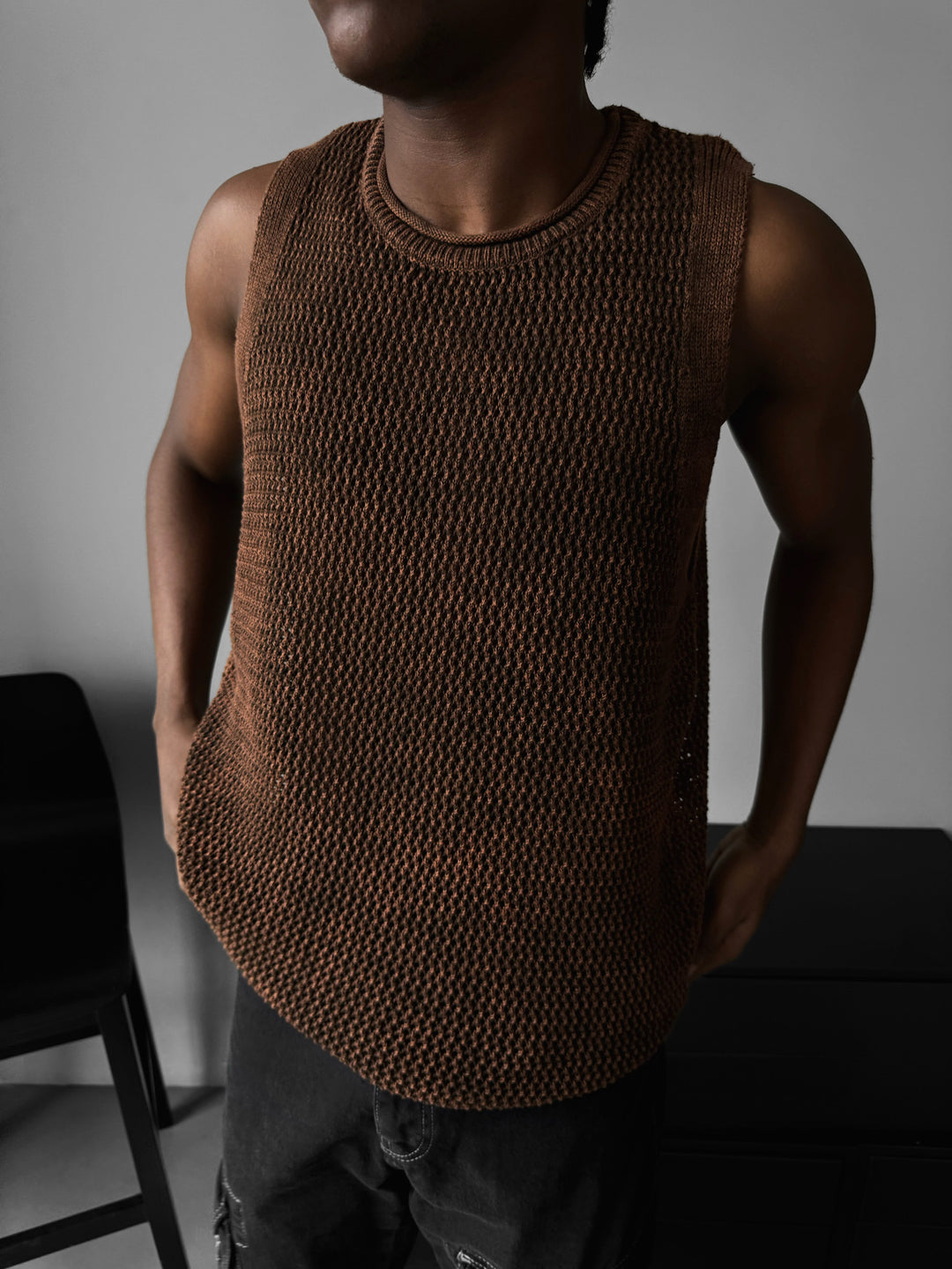 Oversize Washed Knit Tanktop - Brown