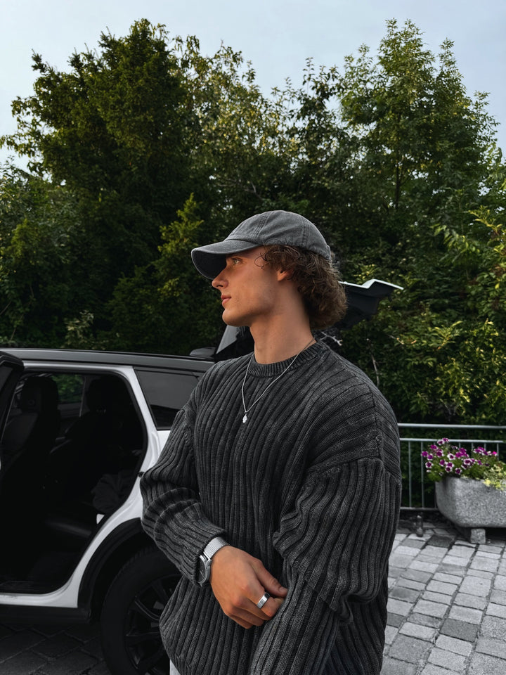 Oversize Ribbed Washed Sweater - Black