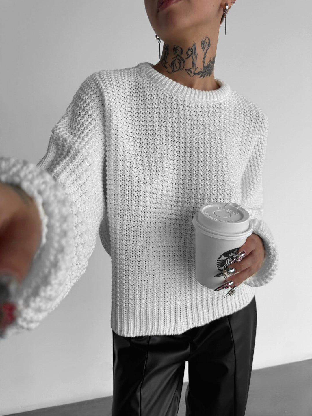 Oversize Puffer Arms Knit Sweater - White