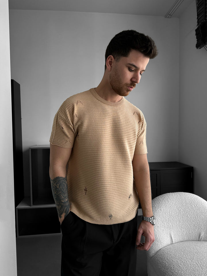 Loose Fit Torn Ribbed Knit T-Shirt - Beige