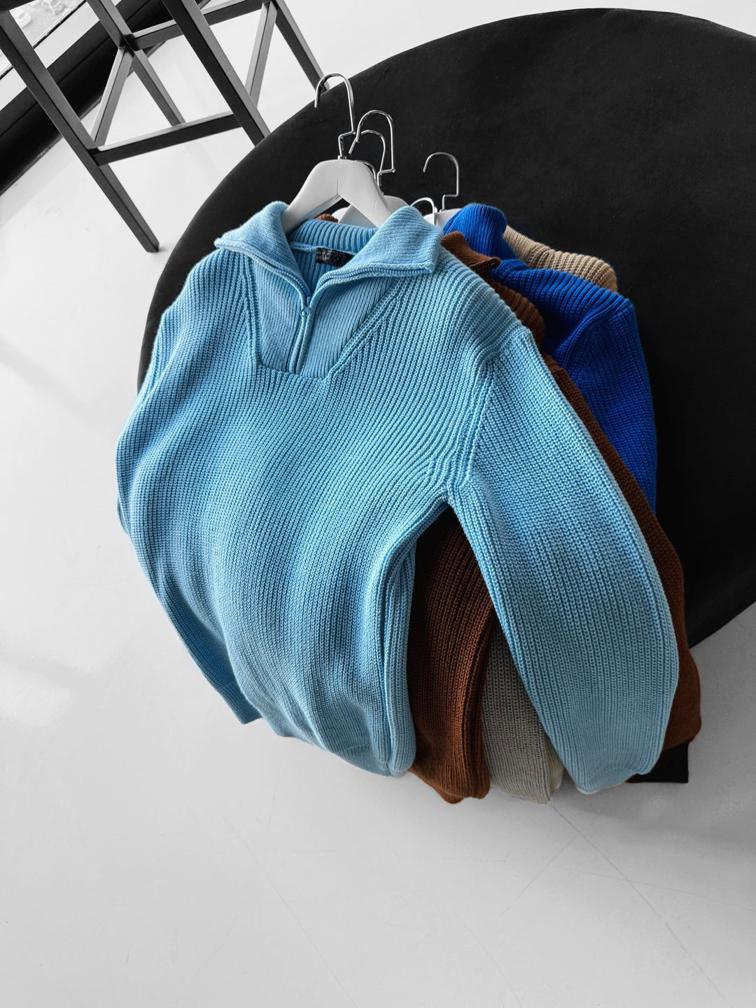 Oversize Collar Zipper Knit Sweater - Baby Blue