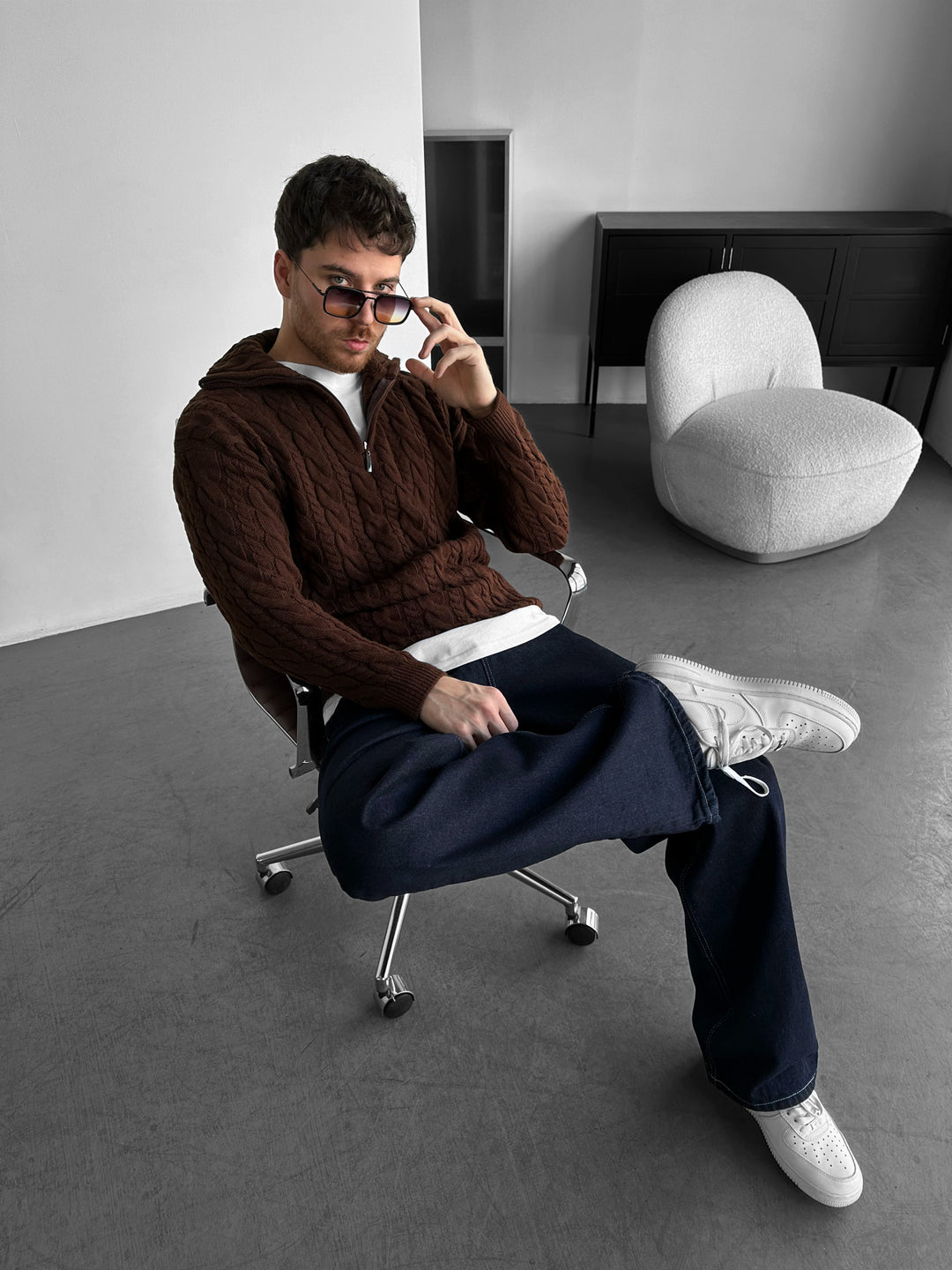 Oversize Collar Braid Zipper Pullover - Dark Brown