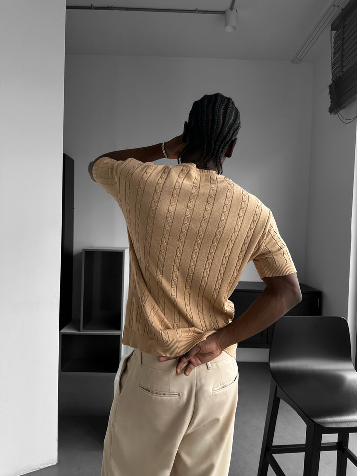Loose Fit Braid Knit T-Shirt - Beige