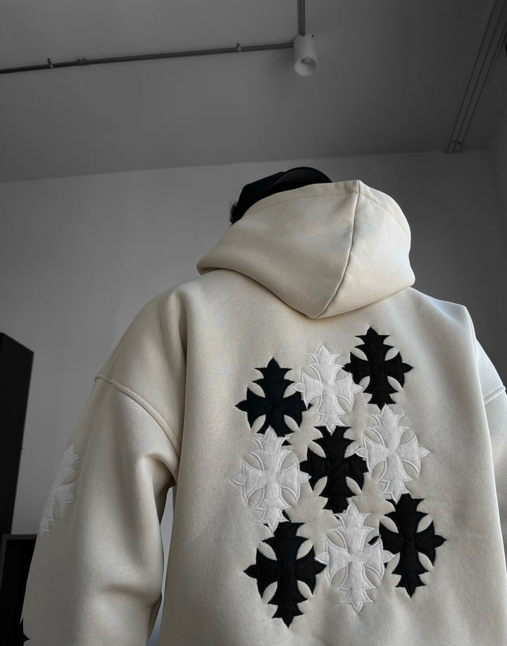 Oversize Gothic Cross Hoodie - Beige