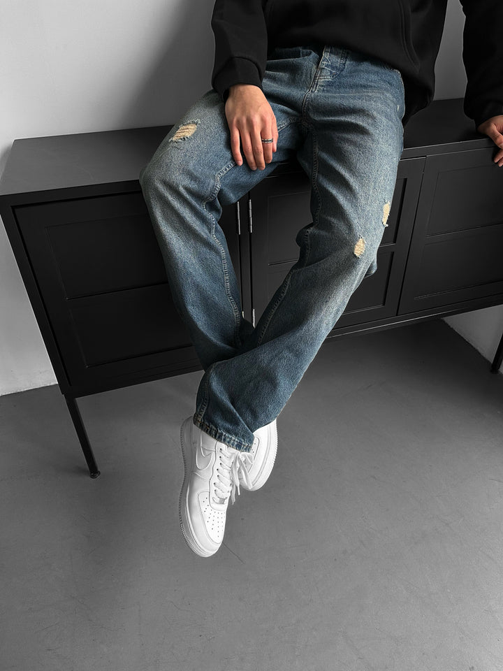 Baggy Torn Washed Jeans - Dark Blue