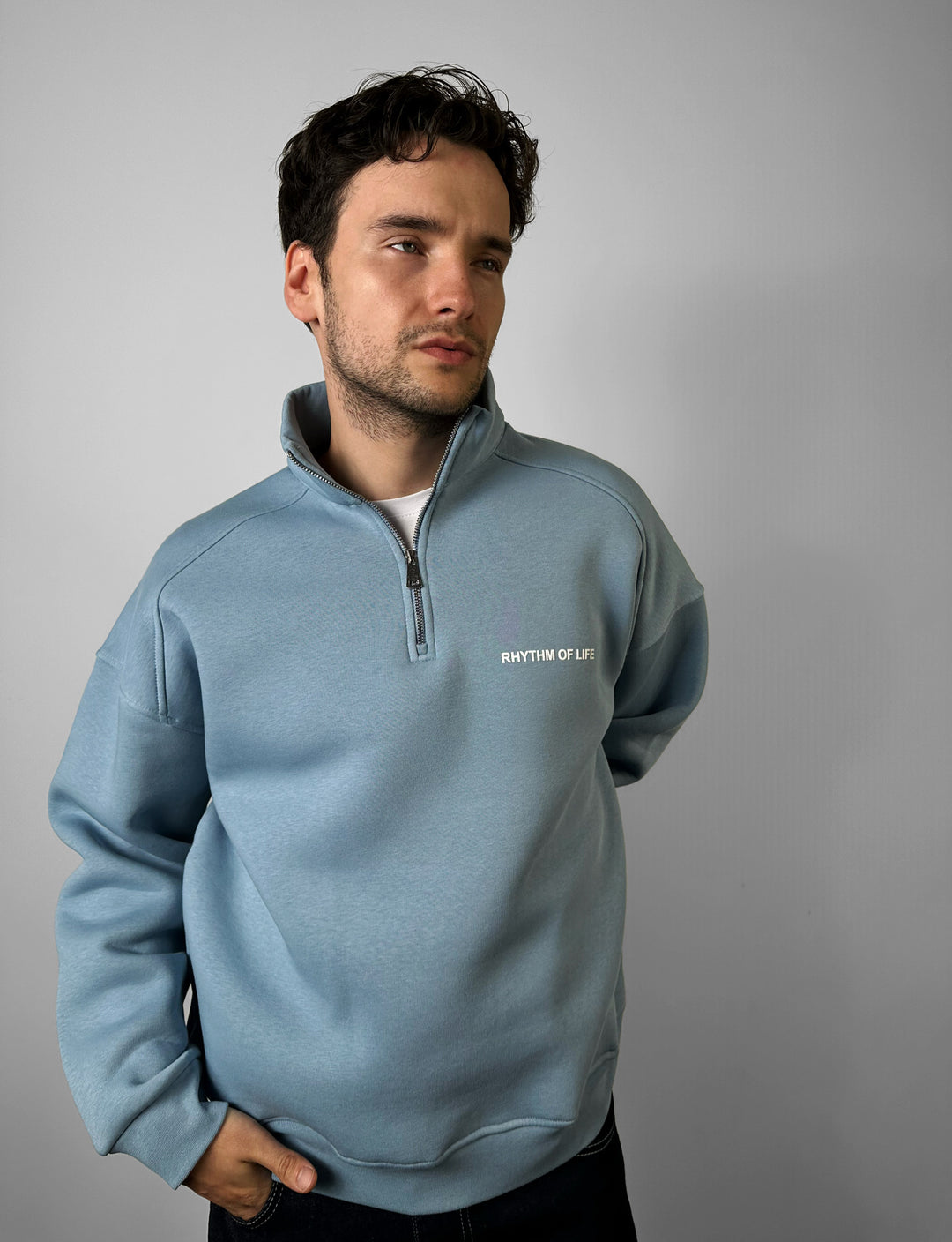 Oversize Half-Zip Motto Sweatshirt - Faded Denim