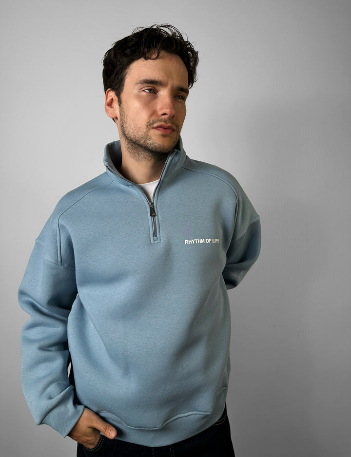 Oversize Half-Zip Motto Sweatshirt - Faded Denim