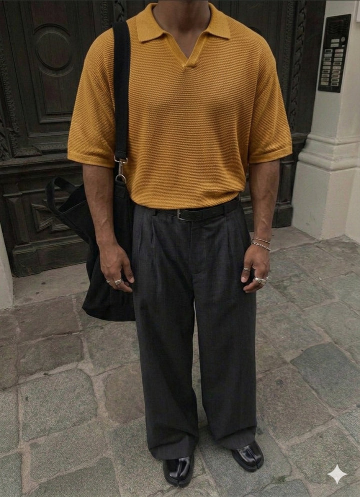 Oversize Collar Ribbed Knit T-Shirt - Saffron