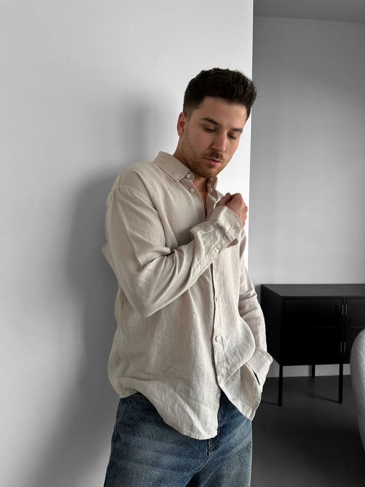 Regular Fit Long Arm Linen Shirt - Milky Brown