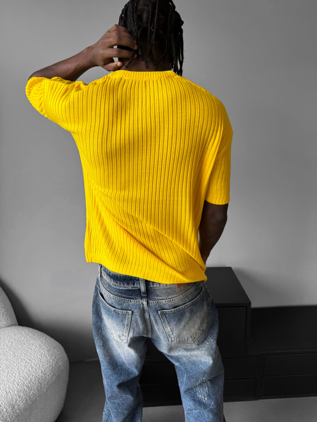 Loose Fit Ribbed Knit T-Shirt - Yellow