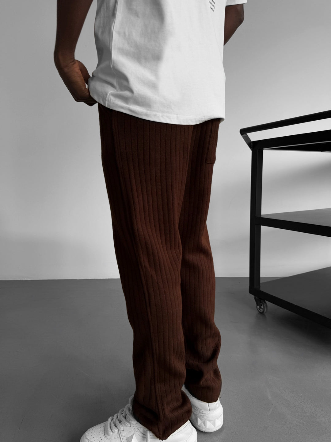 Loose Fit Wide Ribbed Knit Pants - Dark Brown