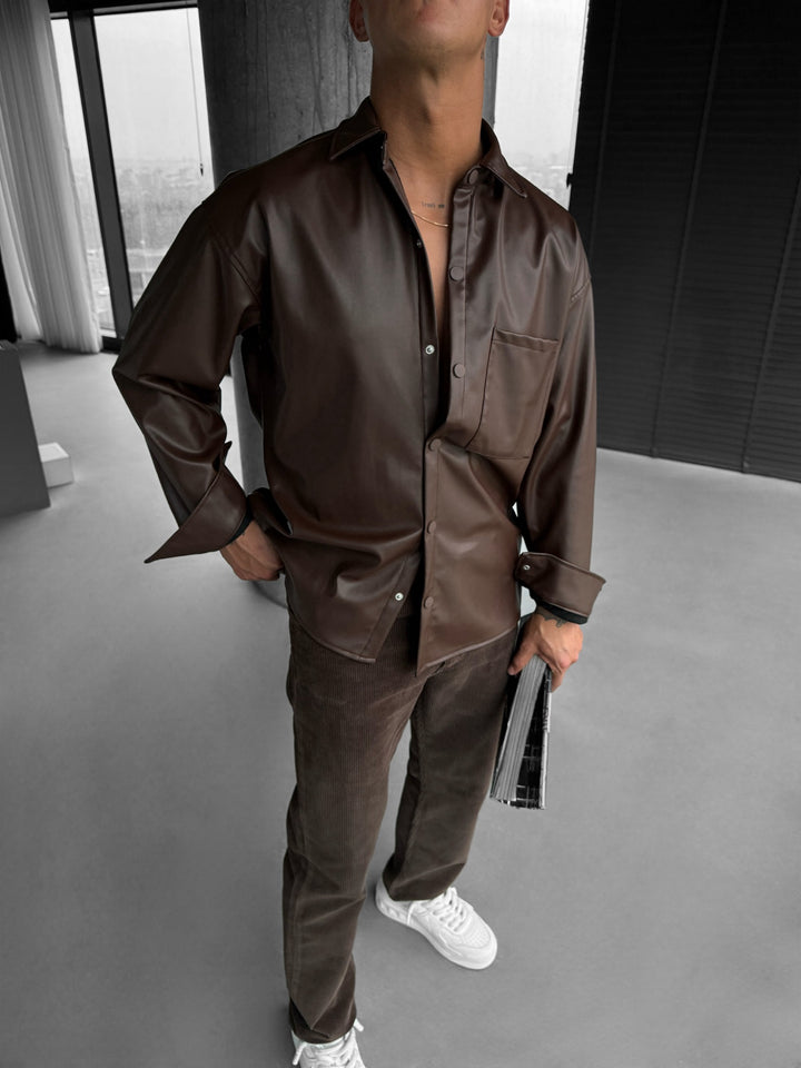 Oversize Leather Optik Shirt - Chocolate Brown