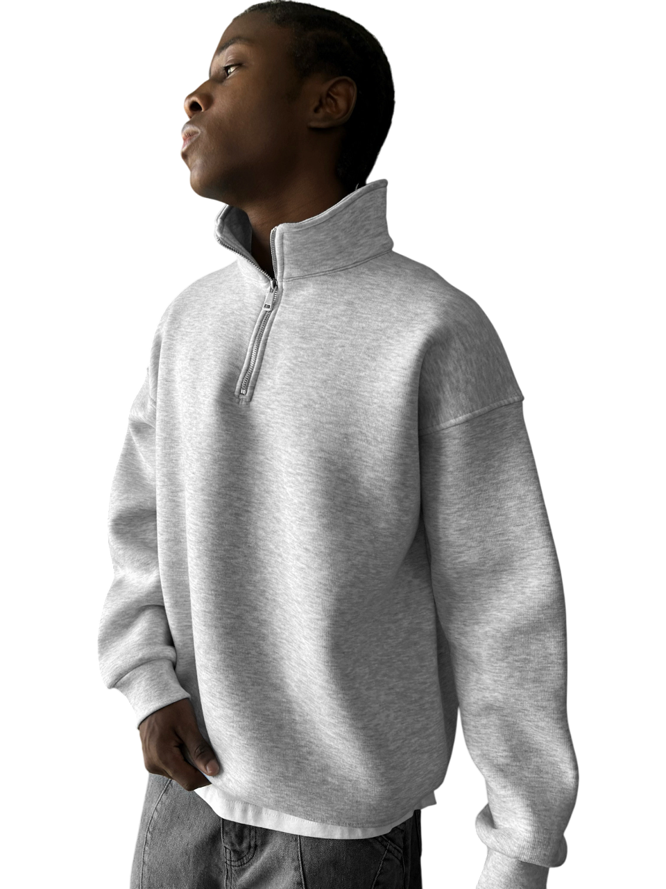 Oversize Half-Zip Polo Sweatshirt - Light Grey Melange
