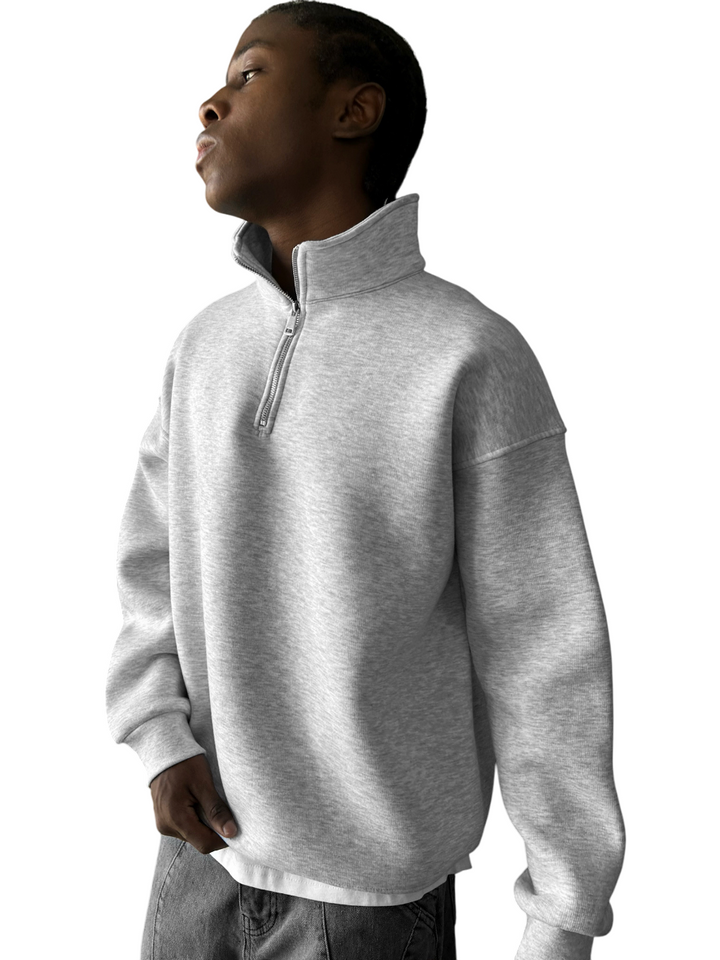 Oversize Half-Zip Polo Sweatshirt - Light Grey Melange