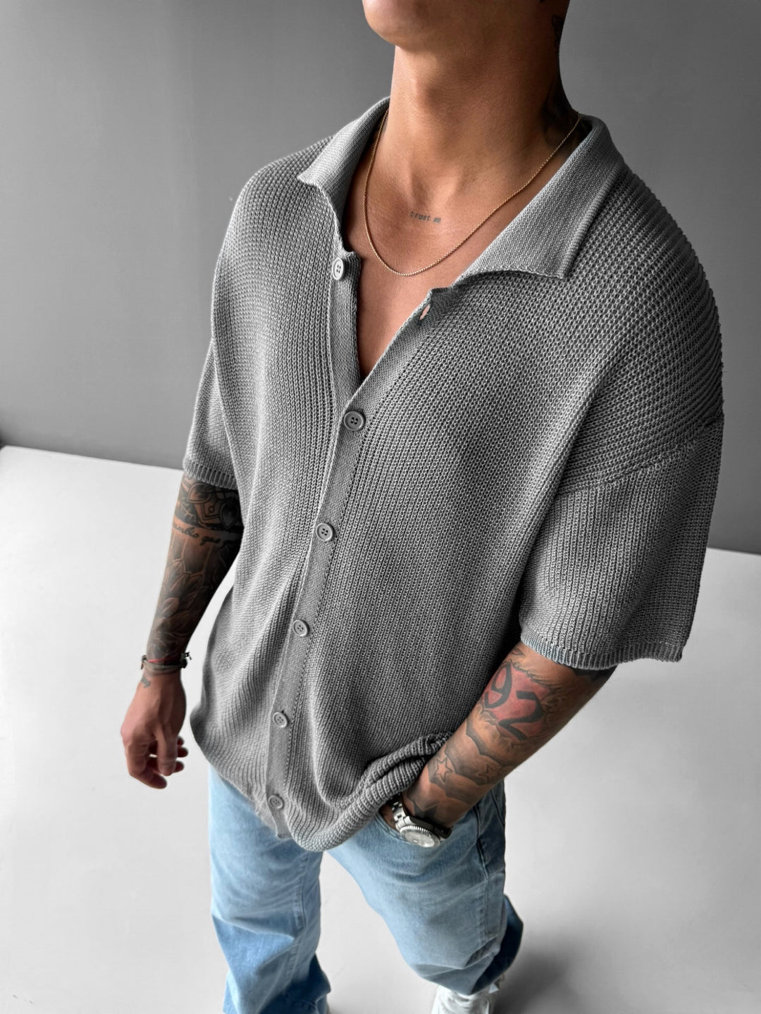 Oversize Long Knit Shirt - Light Grey