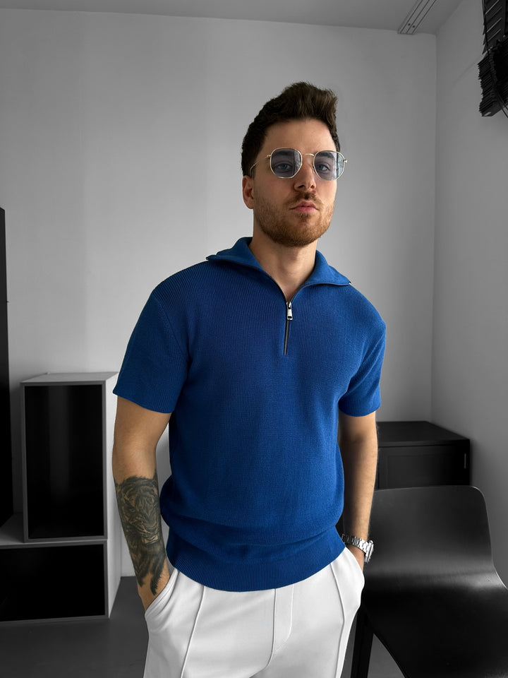 Oversize Zip Neck Knit T-shirt - Sax