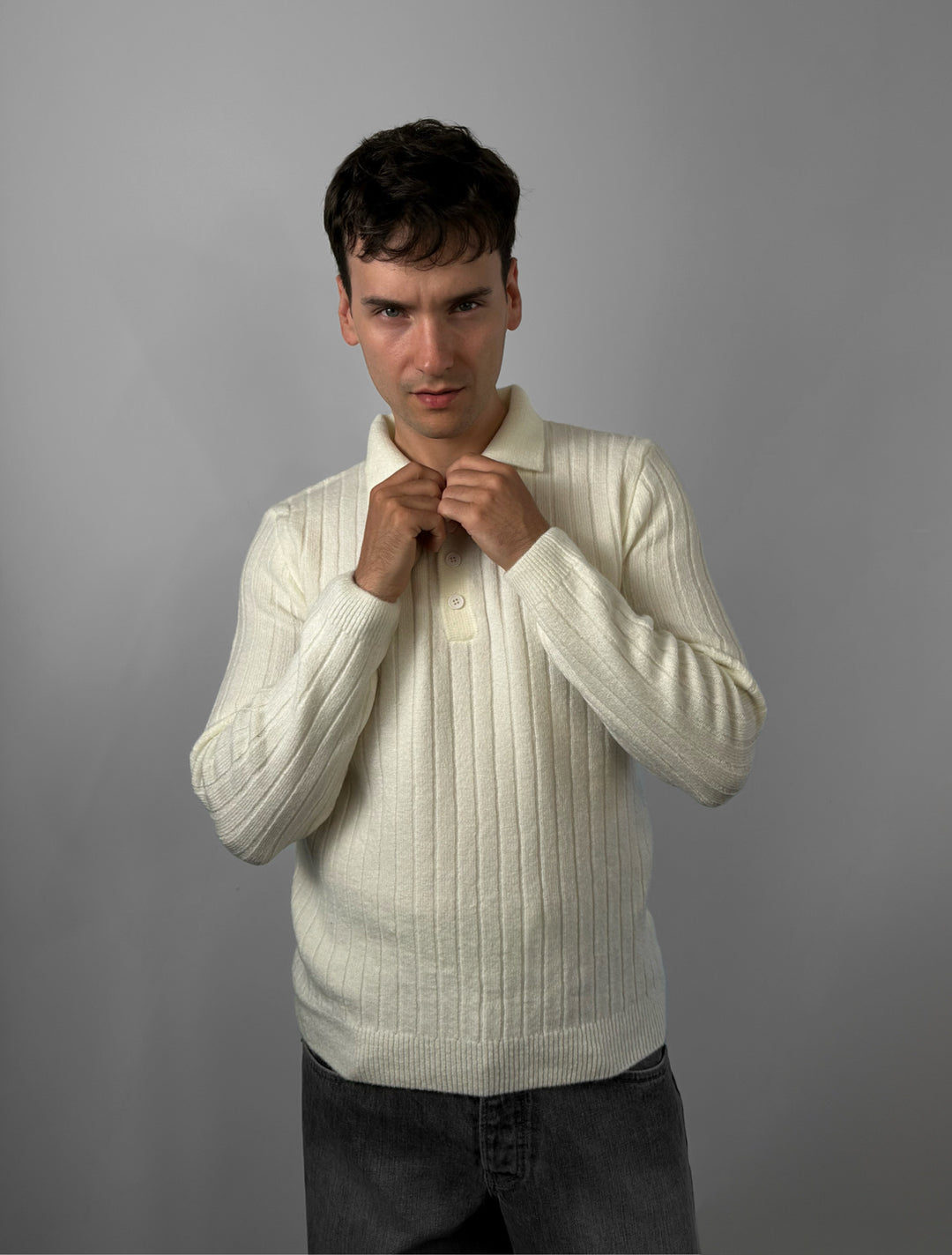 Loose Fit Polo Knit Pullover - Ecru