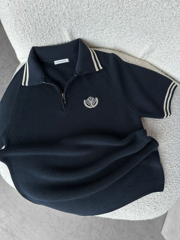 Slim Fit Half-Zip Embroidered Polo T-shirt - Navy Blue