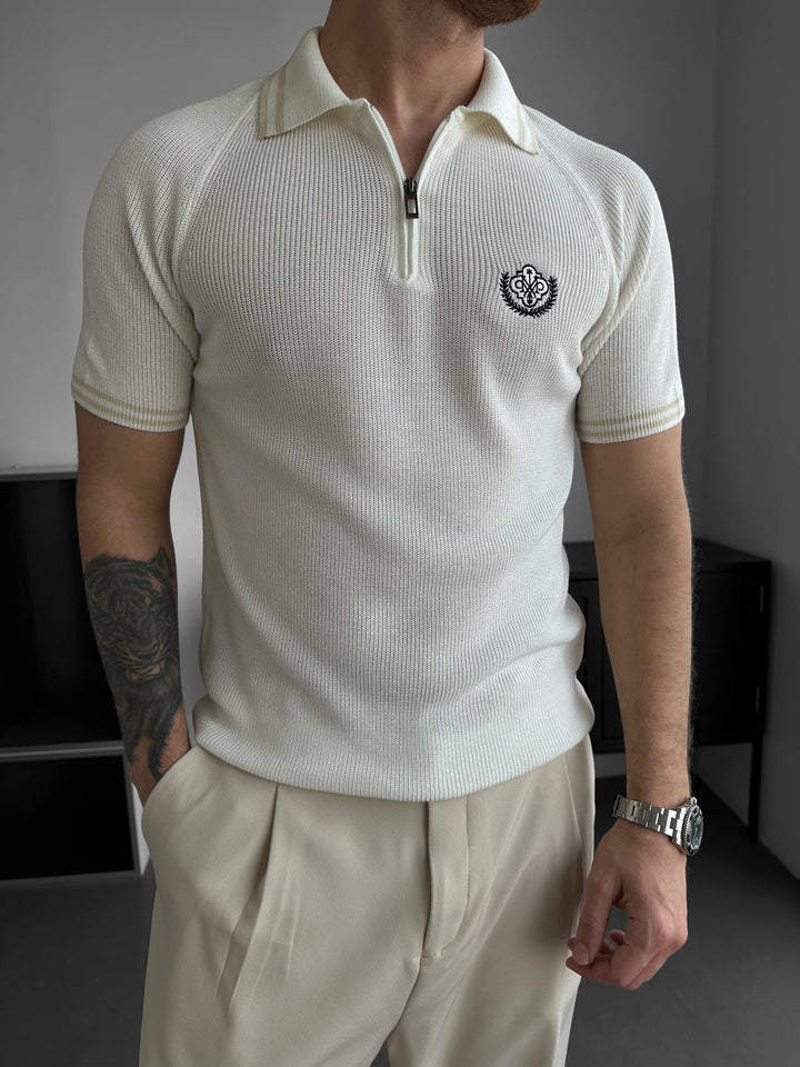 Slim Fit Half-Zip Embroidered Polo T-shirt - Ecru