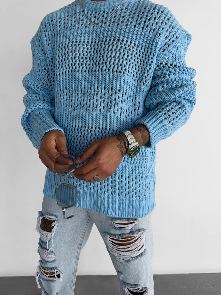Oversize Holey Knit Sweater - Baby blue