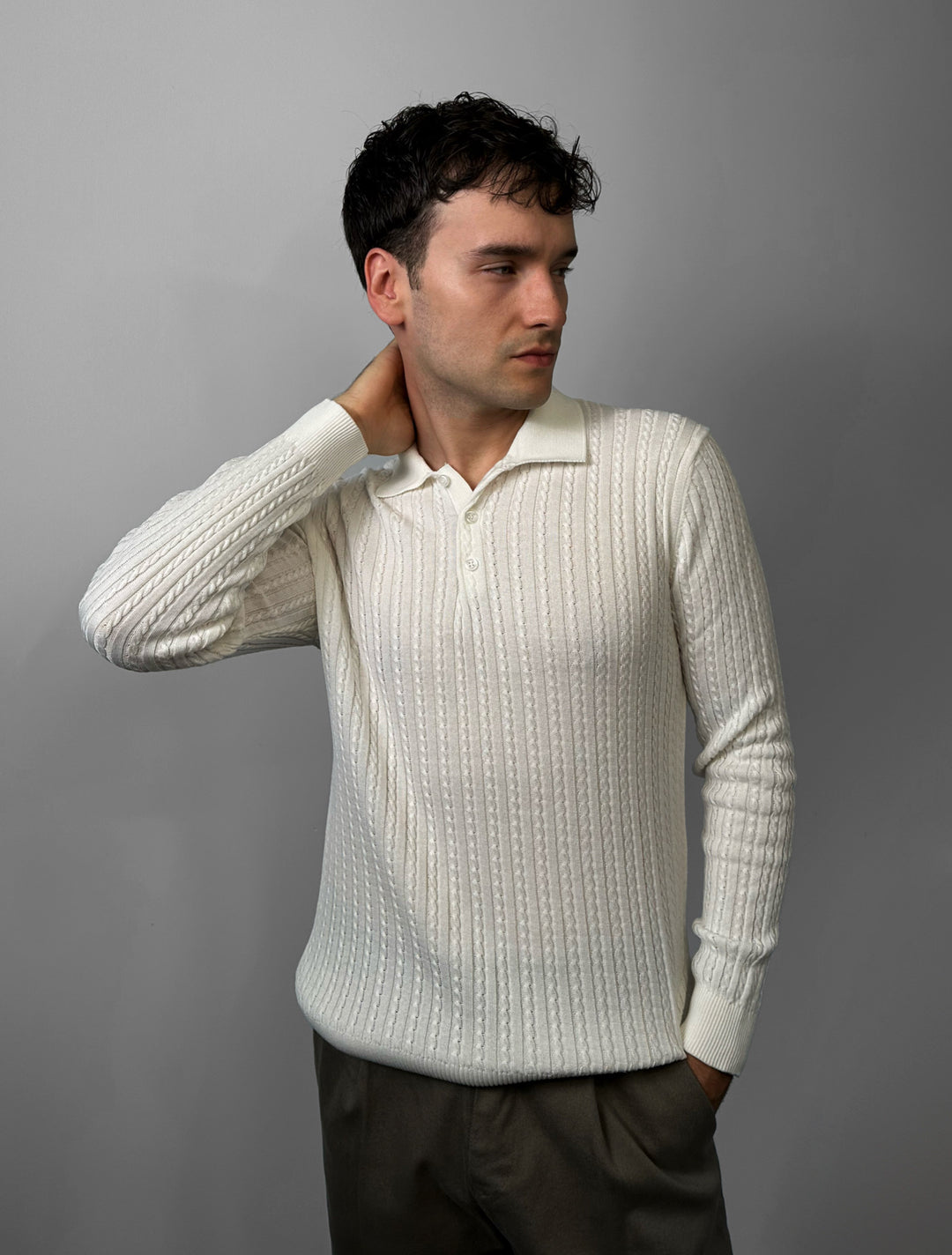 Slim Fit Textured Polo Knit Sweater - Ecru