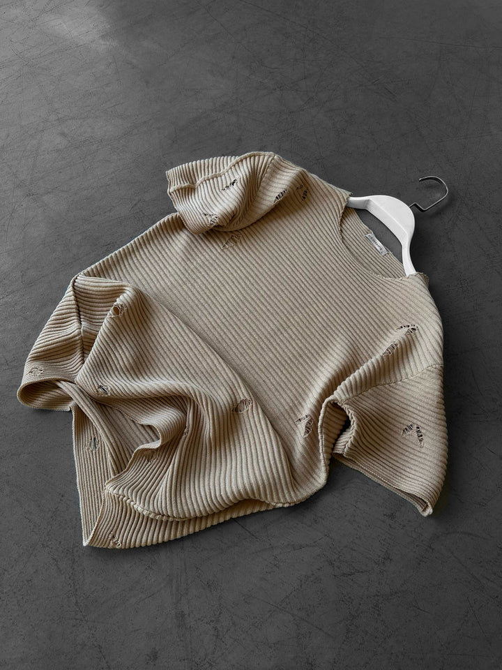 Loose Fit Torn Knit T-Shirt - Beige