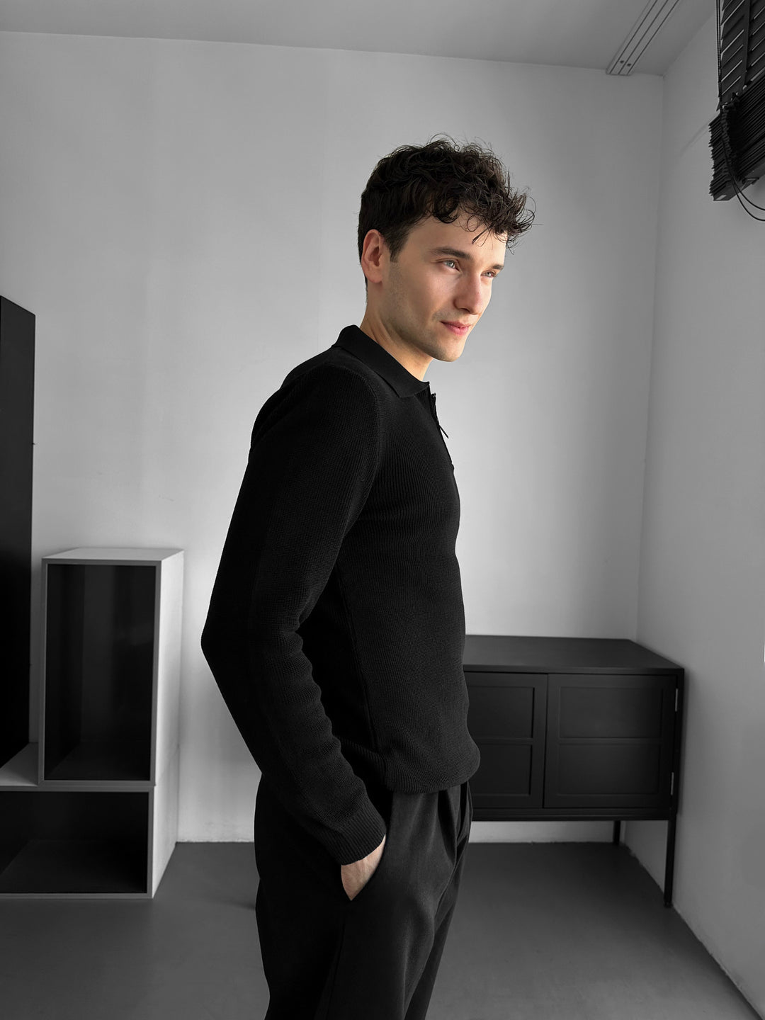 Loose Fit Polo Knit Sweater - Black