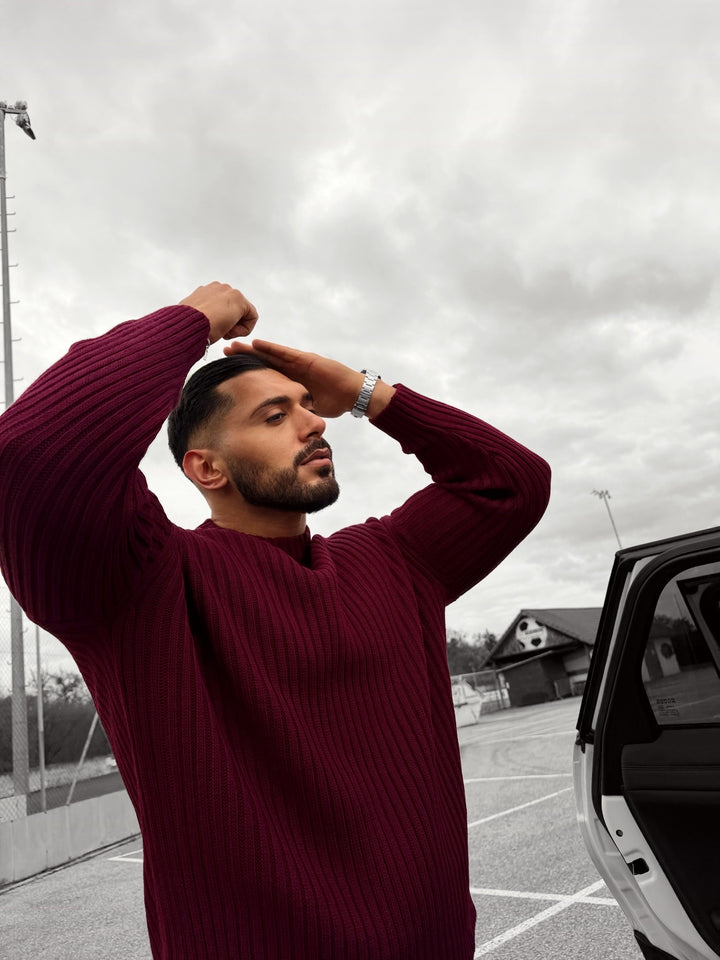 Loose Fit Striped Structure Pullover - Bordeaux
