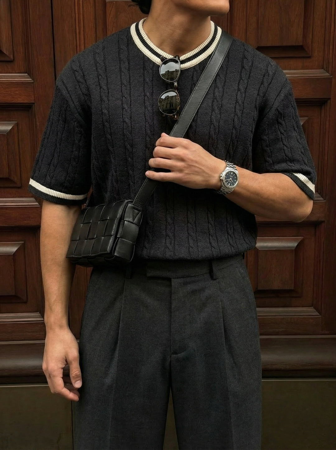 Regular Fit Braid Knit T-shirt - Anthracite