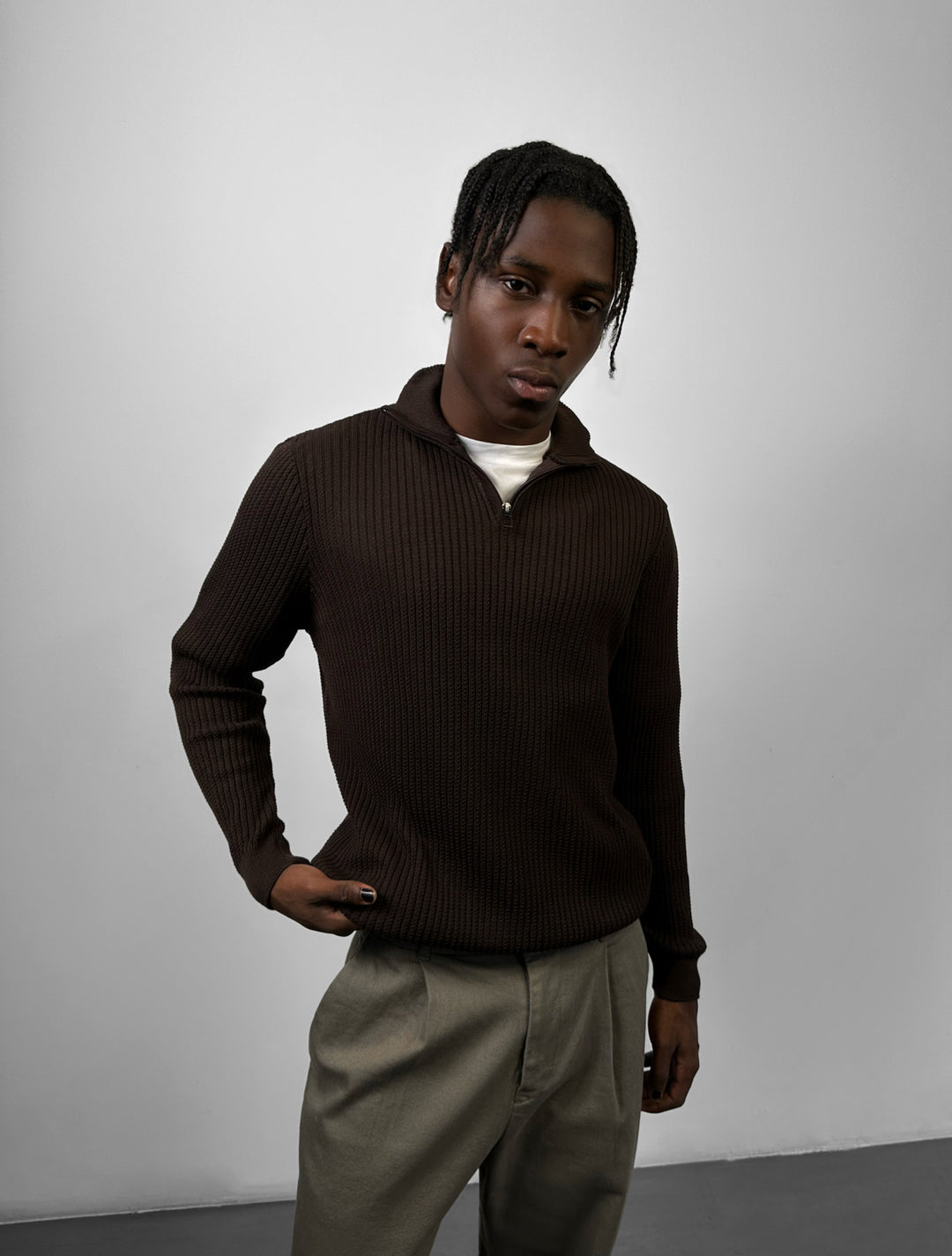 Slim Fit Half Zip Textured Sweater - Dark Brown