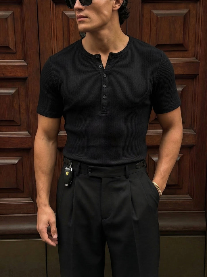 Slim Fit Button T-shirt - Black