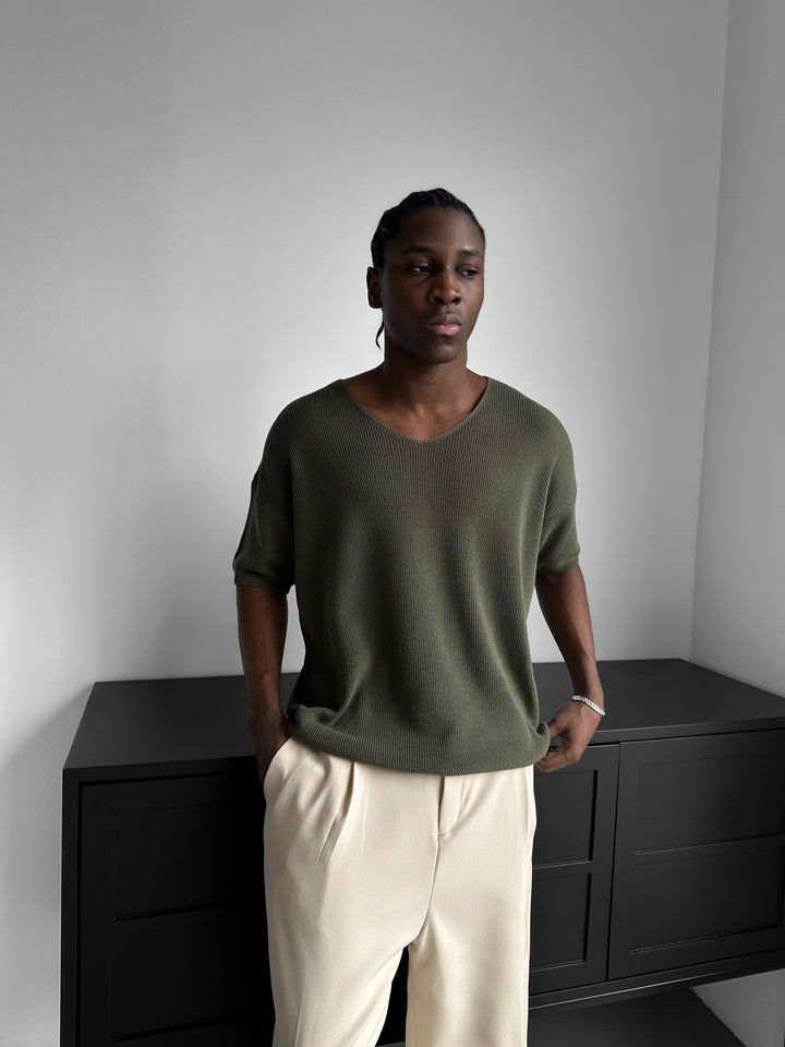 Oversize Long Knit T-Shirt - Khaki