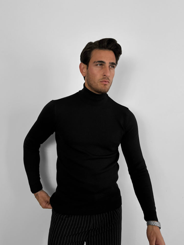 Slim Fit Long Neck Pullover - Black