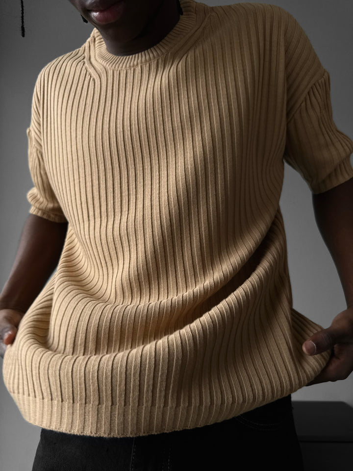 Loose Fit Ribbed Knit T-Shirt - Brown