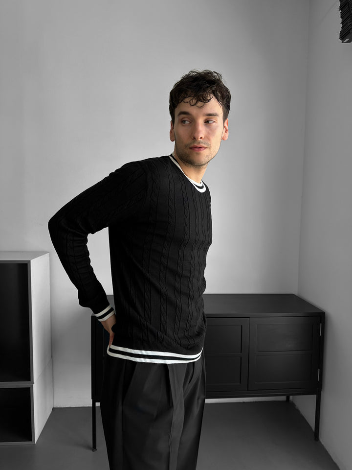 Regular Fit Braid Knit Sweater - Black