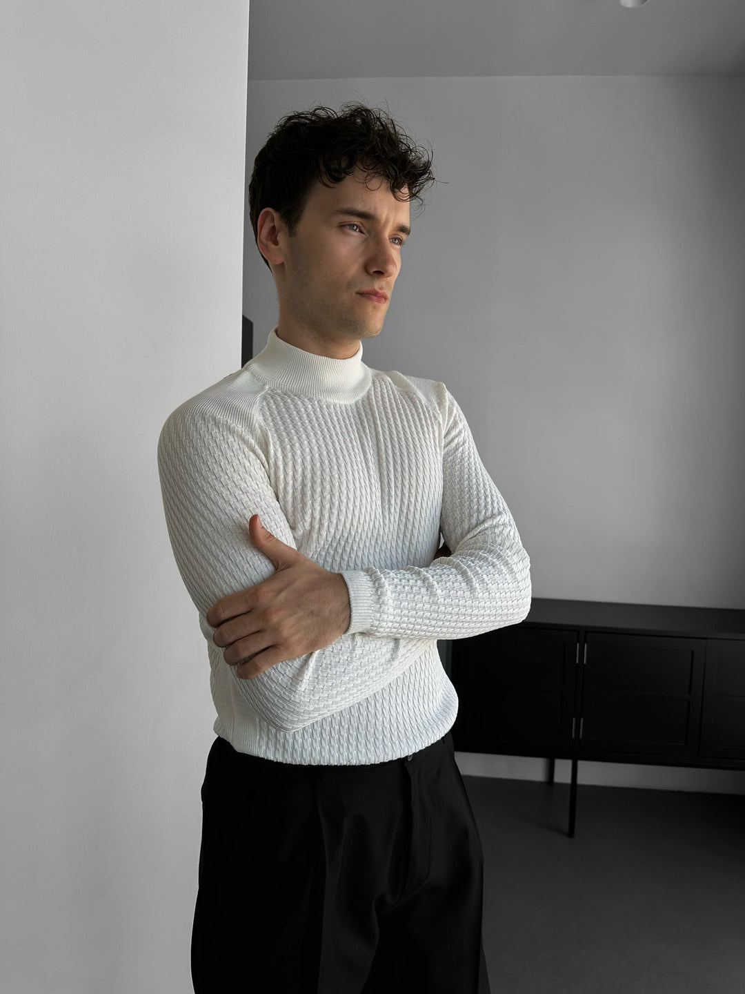 Slim Fit Mock Neck Knit Sweater - Ecru