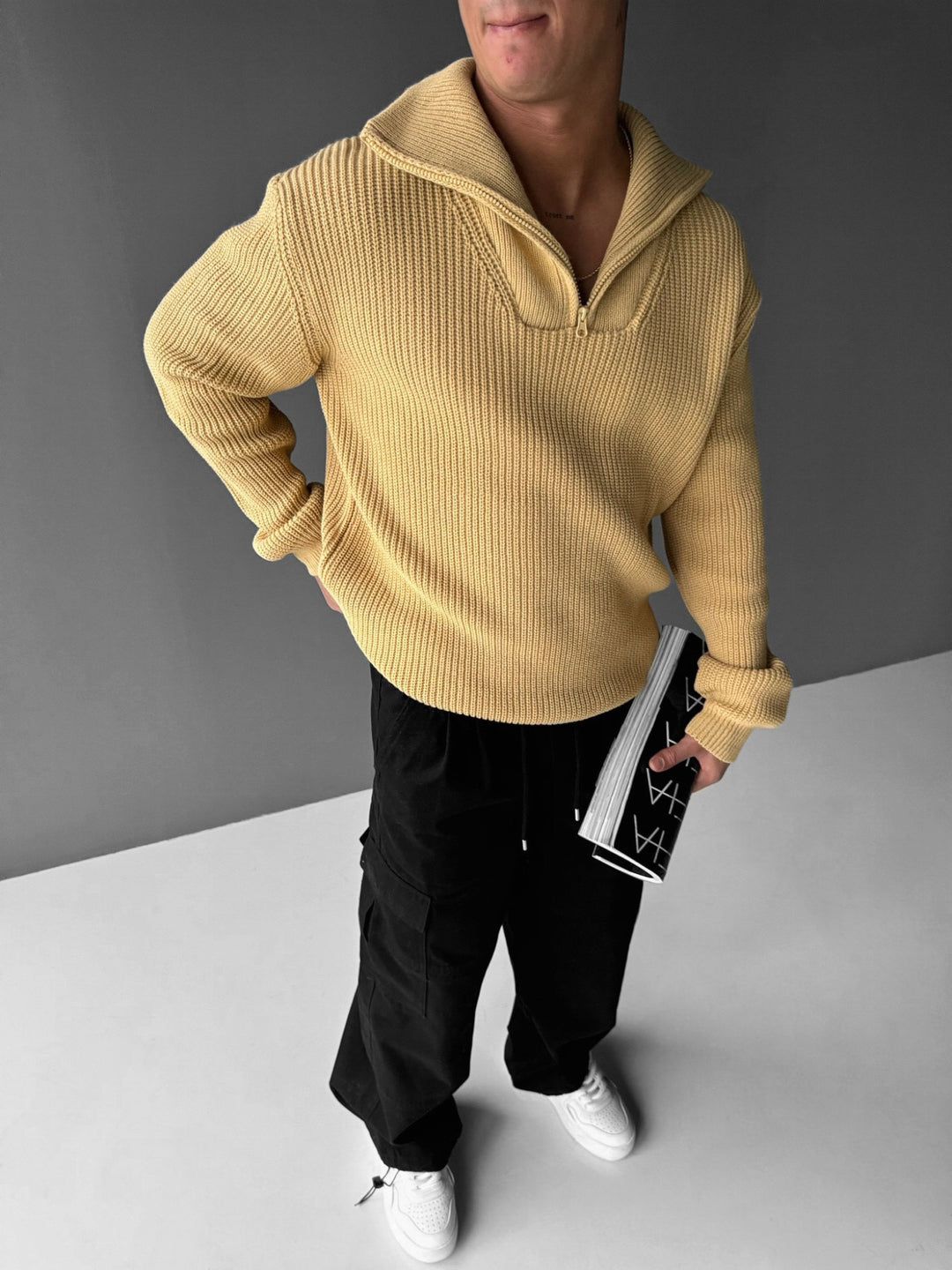 Oversize Collar Zipper Knit Sweater - Mustard