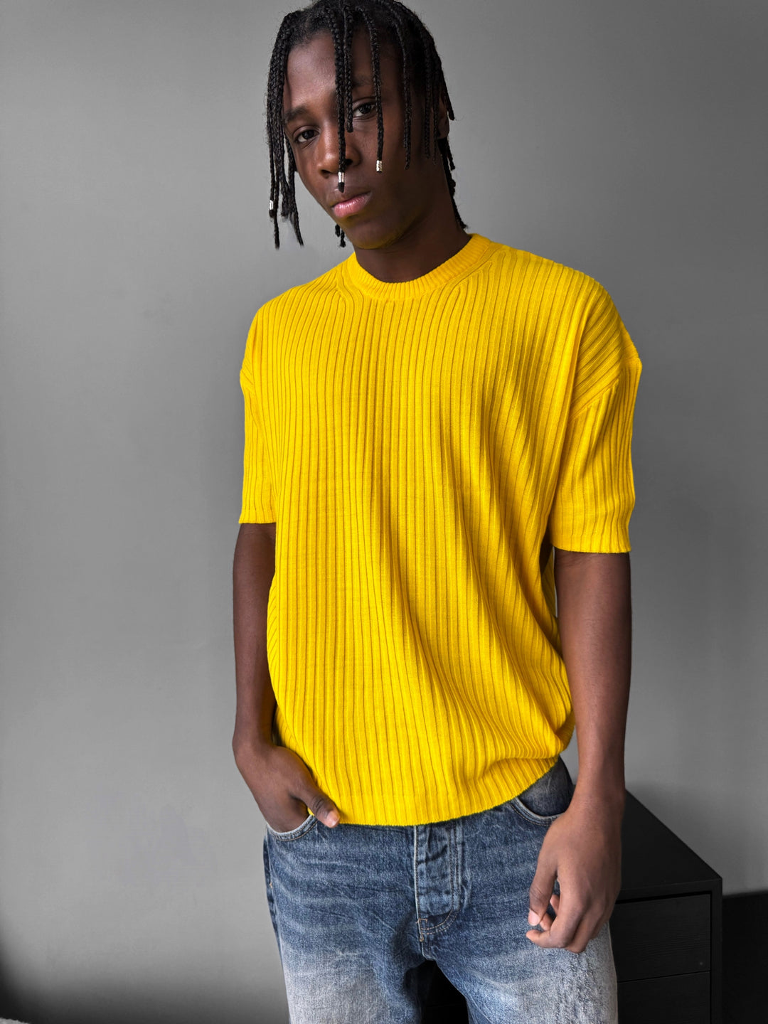 Loose Fit Ribbed Knit T-Shirt - Yellow