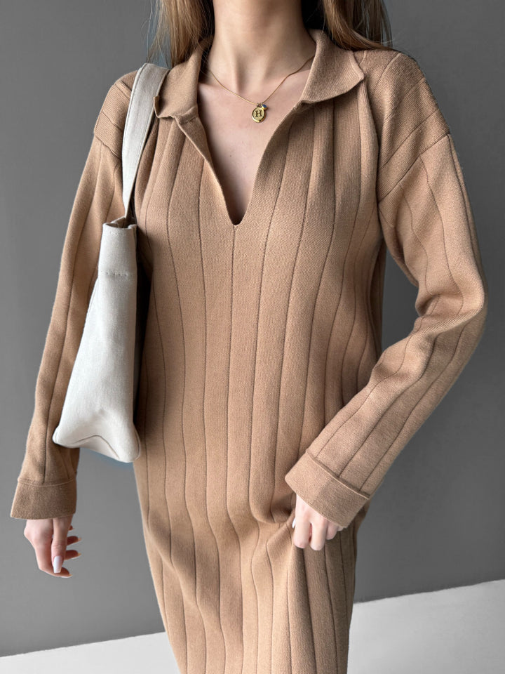 Long Polo Knit Dress - Camel