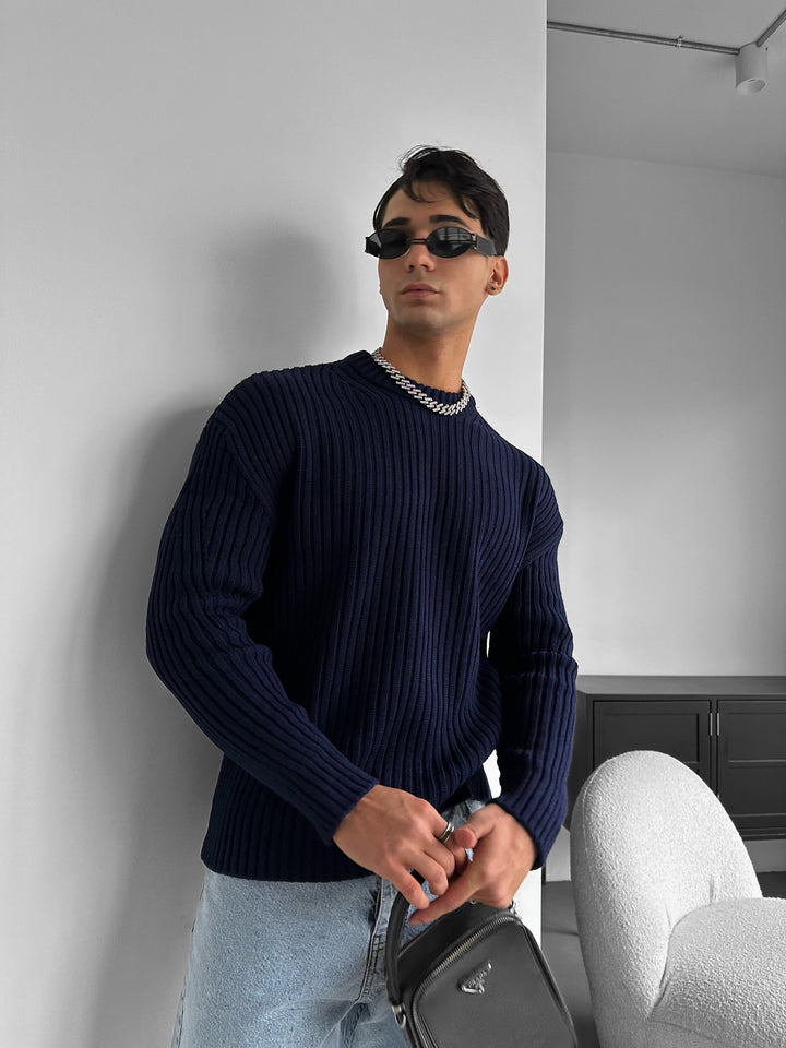Loose Fit Striped Structure Pullover - Navy Blue